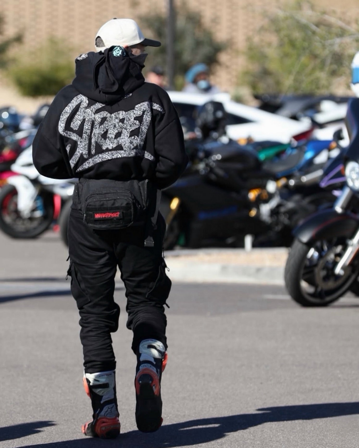 MotoStreet hoodie worn at a motorcycle meet