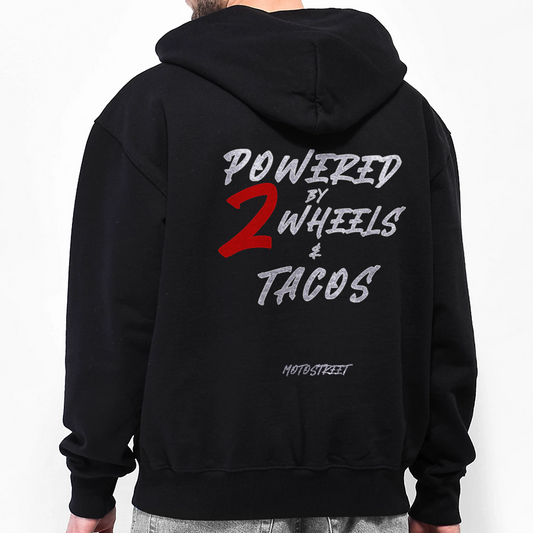 "Powered by 2 Wheels & Tacos" Season 2 Hoodie – Oversized motorcycle-inspired streetwear with heavyweight 450 gsm cotton, double-layered hood, drop shoulder fit, hidden pockets, and minimalist design for riders, streetwear enthusiasts and motorcycle rider gift ideas.