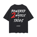 Oversized 'Powered by 2 Wheels & Tacos' Tee for Motorcycle & Streetwear Enthusiasts - Loose Fit with Wide Arm Holes, Drop Shoulder Design, Comfortable and Durable Biker T-Shirt Celebrating Riding Culture and motorcycle rider gift ideas.