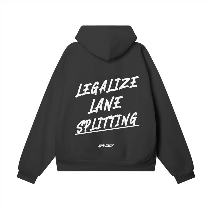 "Legalize Lane Splitting" Oversized motorcycle-inspired streetwear with heavyweight 450 gsm cotton, double-layered hood, drop shoulder fit, hidden pockets, and minimalist design for riders, streetwear enthusiasts and motorcycle rider gift ideas.