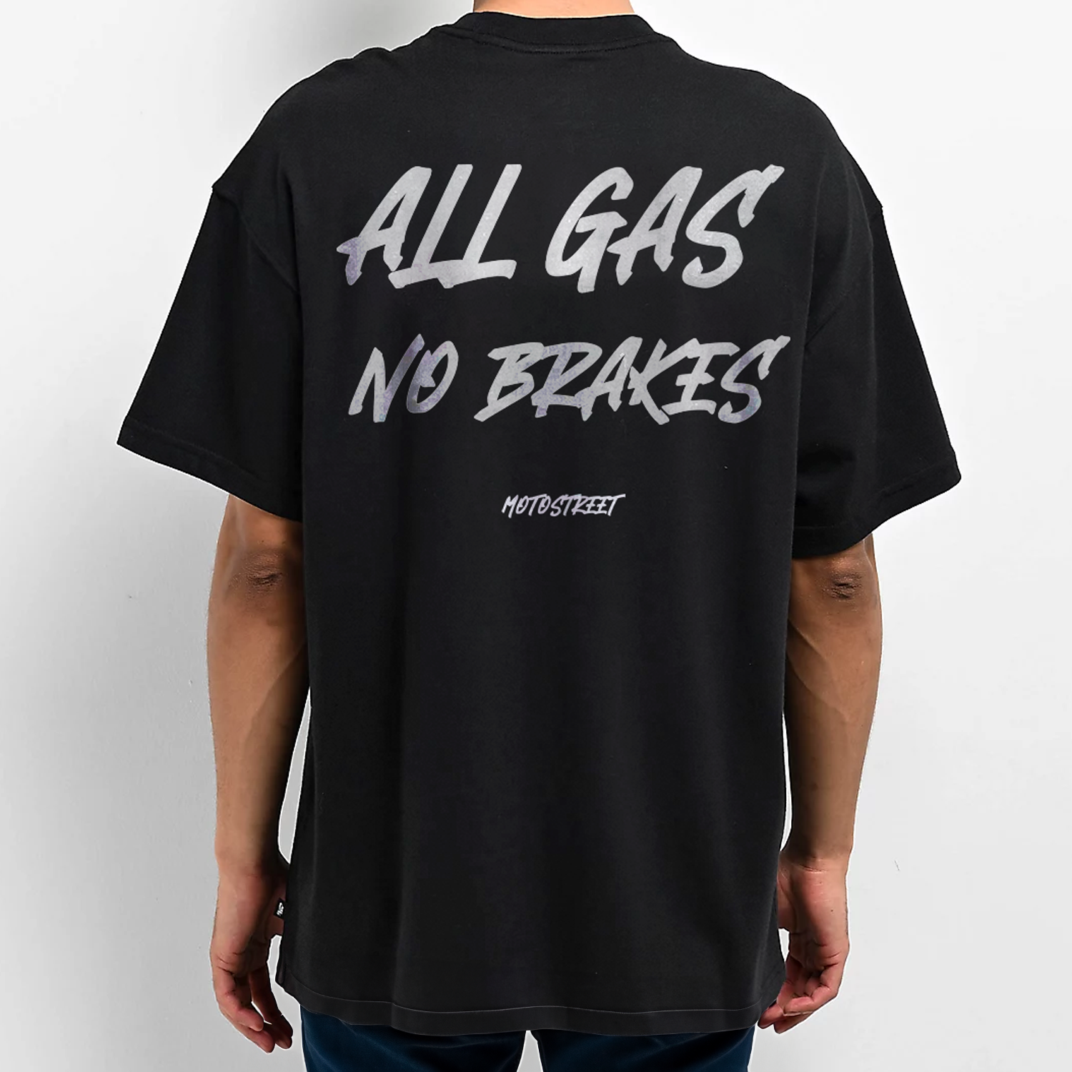 Oversized 'All Gas No Brakes' Tee for Motorcycle & Streetwear Enthusiasts - Loose Fit with Wide Arm Holes, Drop Shoulder Design, Comfortable and Durable Biker T-Shirt Celebrating Riding Culture and motorcycle rider gift ideas.