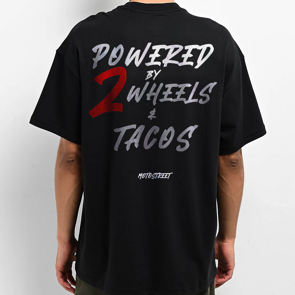 Oversized 'Powered by 2 Wheels & Tacos' Tee for Motorcycle & Streetwear Enthusiasts - Loose Fit with Wide Arm Holes, Drop Shoulder Design, Comfortable and Durable Biker T-Shirt Celebrating Riding Culture and motorcycle rider gift ideas.