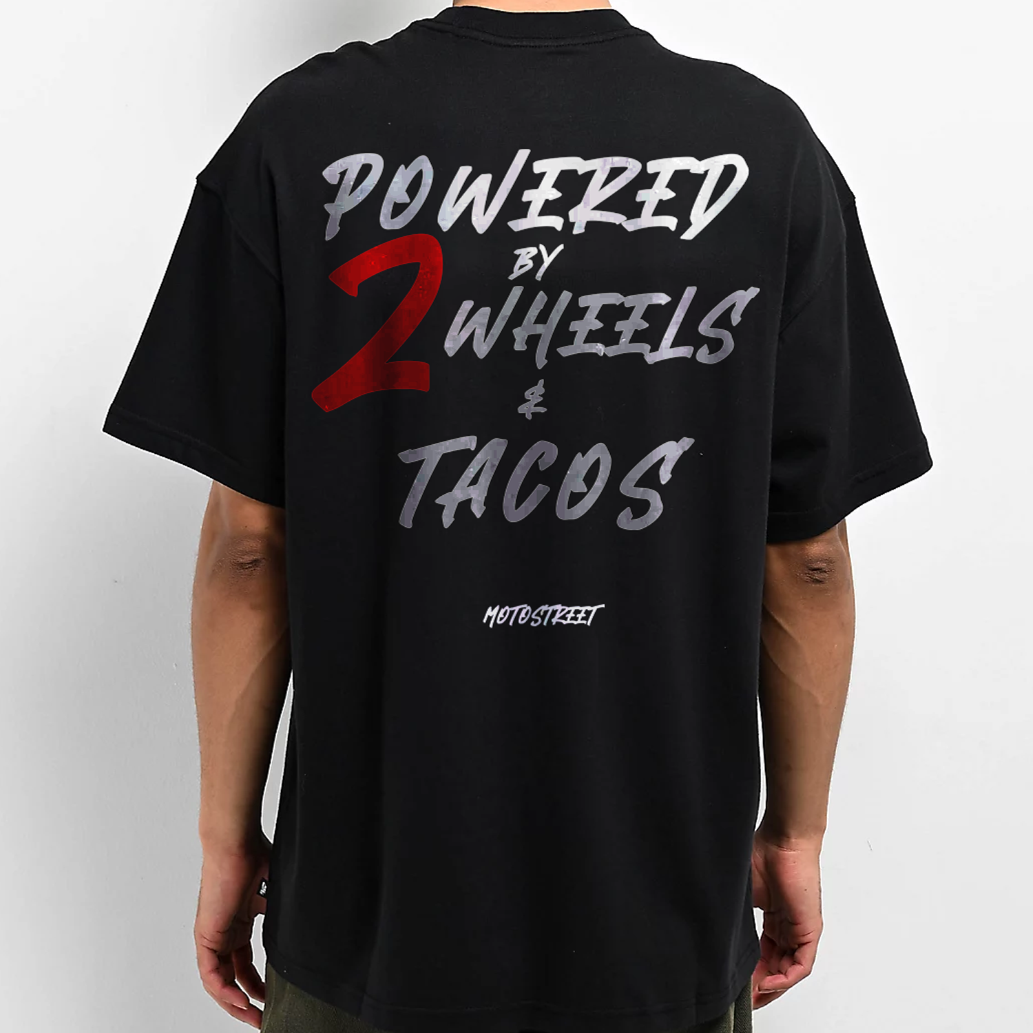 Oversized 'Powered by 2 Wheels & Tacos' Tee for Motorcycle & Streetwear Enthusiasts - Loose Fit with Wide Arm Holes, Drop Shoulder Design, Comfortable and Durable Biker T-Shirt Celebrating Riding Culture and motorcycle rider gift ideas.