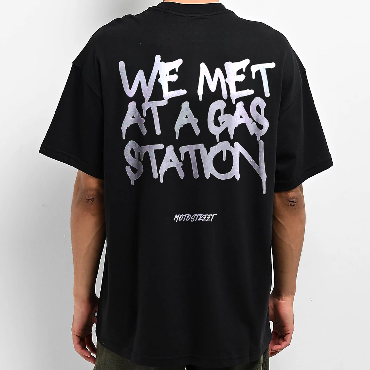 Oversized 'We Met At A Gas Station' Tee for Motorcycle & Streetwear Enthusiasts - Loose Fit with Wide Arm Holes, Drop Shoulder Design, Comfortable and Durable Biker T-Shirt Celebrating Riding Culture and motorcycle rider gift ideas.