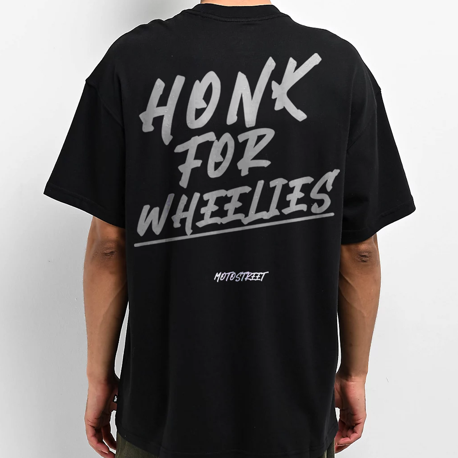 Oversized 'Honk For Wheelies' Tee for Motorcycle & Streetwear Enthusiasts - Loose Fit with Wide Arm Holes, Drop Shoulder Design, Comfortable and Durable Biker T-Shirt Celebrating Riding Culture and motorcycle rider gift ideas.