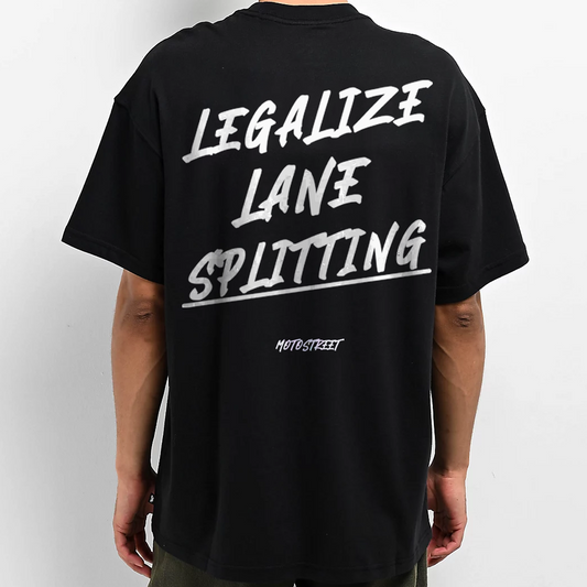 Oversized 'Legalize Lane Splitting' Tee for Motorcycle & Streetwear Enthusiasts - Loose Fit with Wide Arm Holes, Drop Shoulder Design, Comfortable and Durable Biker T-Shirt Celebrating Riding Culture and motorcycle rider gift ideas.