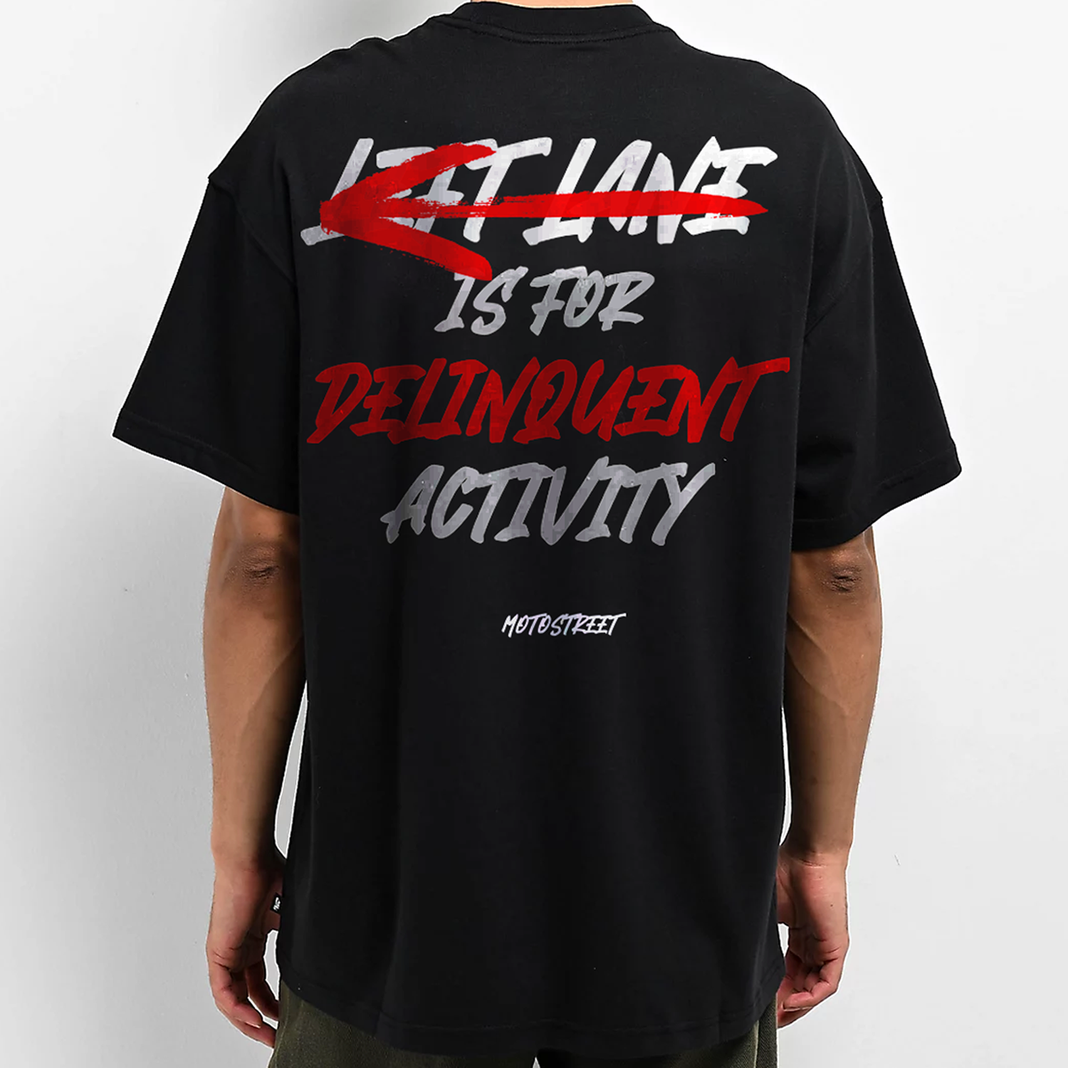 Oversized 'Left Lane' Tee for Motorcycle & Streetwear Enthusiasts - Loose Fit with Wide Arm Holes, Drop Shoulder Design, Comfortable and Durable Biker T-Shirt Celebrating Riding Culture and motorcycle rider gift ideas.