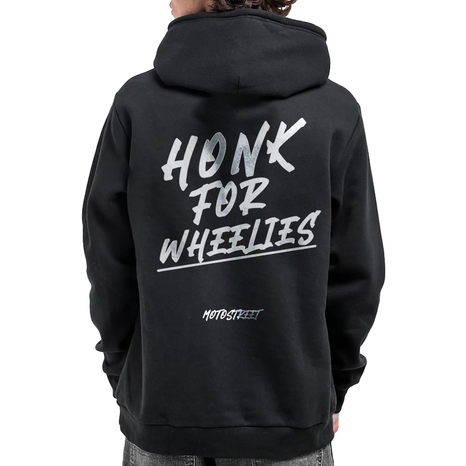 "Honk For Wheelies" Oversized motorcycle-inspired streetwear with heavyweight 450 gsm cotton, double-layered hood, drop shoulder fit, hidden pockets, and minimalist design for riders, streetwear enthusiasts and motorcycle rider gift ideas.