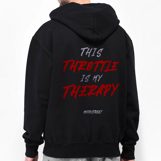 "Throttle Therapy" Oversized motorcycle-inspired streetwear with heavyweight 450 gsm cotton, double-layered hood, drop shoulder fit, hidden pockets, and minimalist design for riders, streetwear enthusiasts and motorcycle rider gift ideas.