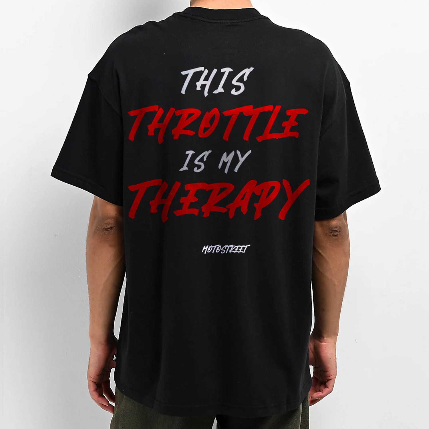 Oversized 'Throttle Therapy' Tee for Motorcycle & Streetwear Enthusiasts - Loose Fit with Wide Arm Holes, Drop Shoulder Design, Comfortable and Durable Biker T-Shirt Celebrating Riding Culture and motorcycle rider gift ideas.