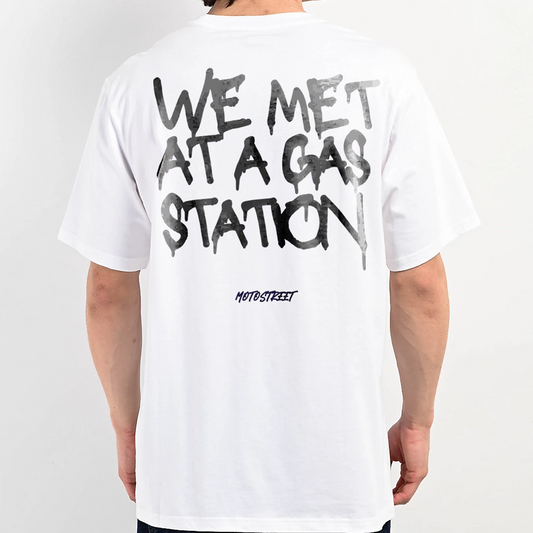 Oversized 'We Met At A Gas Station' Tee for Motorcycle & Streetwear Enthusiasts - Loose Fit with Wide Arm Holes, Drop Shoulder Design, Comfortable and Durable Biker T-Shirt Celebrating Riding Culture and motorcycle rider gift ideas.