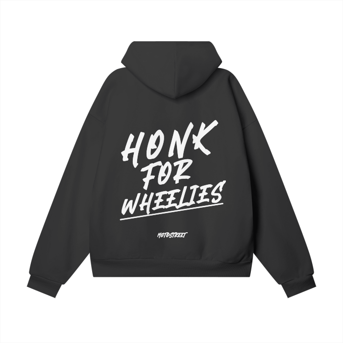 "Honk For Wheelies" Oversized motorcycle-inspired streetwear with heavyweight 450 gsm cotton, double-layered hood, drop shoulder fit, hidden pockets, and minimalist design for riders, streetwear enthusiasts and motorcycle rider gift ideas.